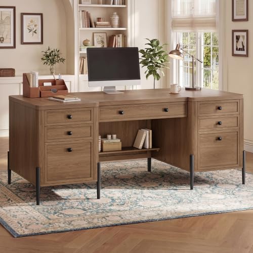 63" W x 27.6" D Executive Desk with 2 Cabinets & 6 Drawers, Farmhouse Home Office Desks with Keyboard Tray, Large Boss Desk with Privacy Panel, Modern Table with Open Shelf and File Drawer - color: Brown