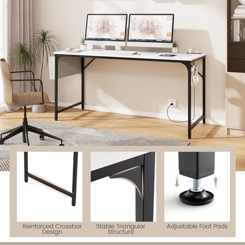 COSTWAY Home Office Desk, 32 Inch Computer Desk with Recessed Power Strip, Storage Bag & Headphone Hook, Wide Desktop, Modern Computer Workstation Writing Table for Home, Office (White + Black) - color: White + Black