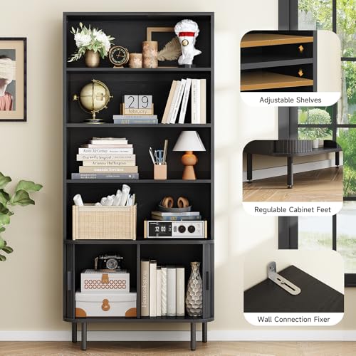 ONBRILL 71" Bookshelf with Sliding Door, Bookcase Storage Cabinet, Black - color: Black