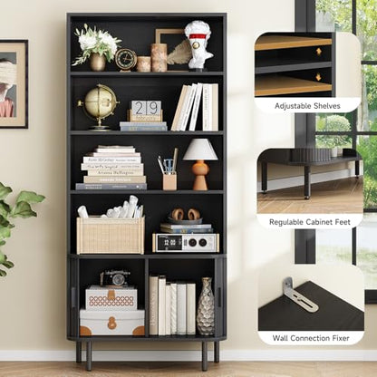 ONBRILL 71" Bookshelf with Sliding Door, Bookcase Storage Cabinet, Black - color: Black