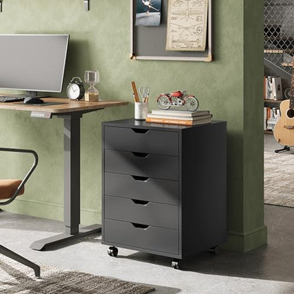 DEVAISE 5-Drawer Filing Cabinet, Under Desk file Cabinet, Black | Wood, Office Storage Cabinet, Printer Stand with Wheels, Drawer Chest, Home Office - color: Black, size: 15.7"D x 18.7"W x 25.5"H