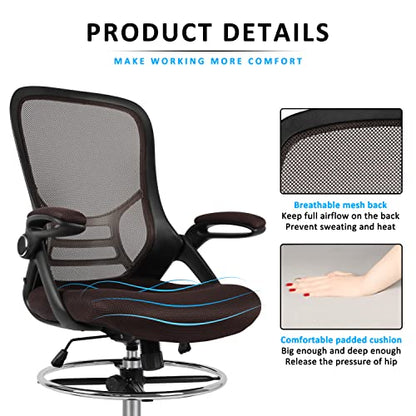 HYLONE Drafting Chair, Tall Office Chair Standing Desk Chair Brown Mesh High-Back Drafting Stool with Flip-Up Arms, Adjustable Foot Ring, Brown - color: Brown