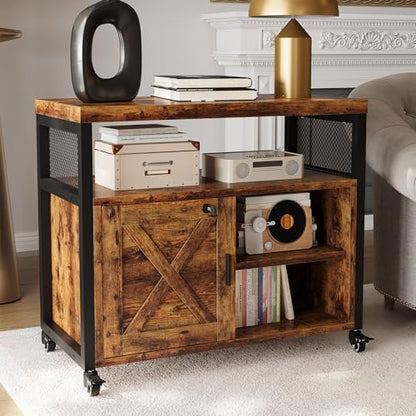 FUSUNBAO Farmhouse Printer Stand with Storage, Printer Table with Charge Station and Wheels, Rolling Printer Cabinet with Shelves, Printer Cart, and File Cabinet for Home Office Storage(Rustic Brown) - color: Rustic Brown