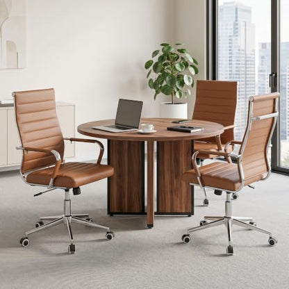 Okeysen Ergonomic Office Desk Chair, Modern PU Leather Conference Room Chairs Ribbed, High Back Executive Swivel Rolling Chair for Home, Office - color: Brown-ribbed