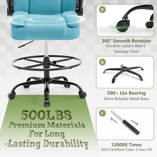 500LBS Drafting Chair, High Back Safer Standing Desk Chair, Executive Tall Office Chair with Flip-up Armrests, Upholstered Fabric Task Chair, Ergonomic Seat with Adjustable Height&Foot Ring, Blue - color: Blue