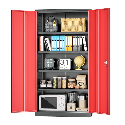 Metal Storage Cabinet with Doors, 72" Locking Steel Storage Cabinet with Shelves, Tall Metal Cabinet Lockable Steel Cabinets for Home Office, Garage,(Black+Red) - color: Red, size: 72" High