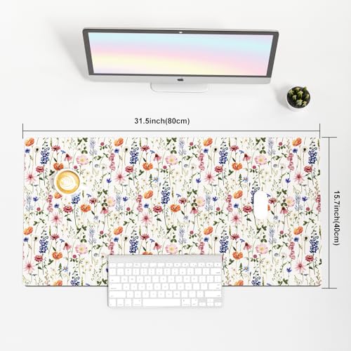 Faux Leather Large Mouse Pad, Office Desk Mat, 31.5"x15.7", Flowers - color: Wildflowers, size: 31.5L x 15.7W inches