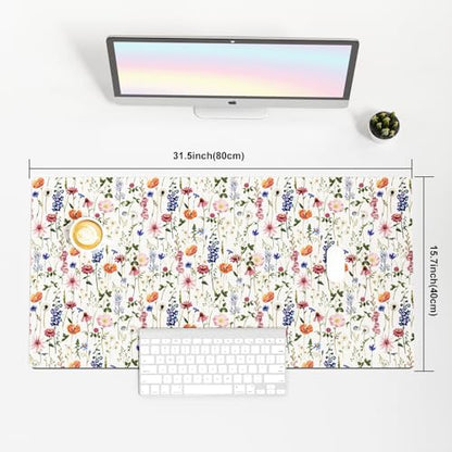 Faux Leather Large Mouse Pad, Office Desk Mat, 31.5"x15.7", Flowers - color: Wildflowers, size: 31.5L x 15.7W inches