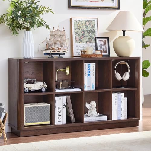Joaxswe 8 Cube Bookcase, 52" Long Horizontal Book Shelf w/Curved Edge, Floor Standing 2-Tier Cubby TV Stand Bookshelf with Wooden Base, Farmhouse Low Storage Cabinet for Living Room, Office, Walnut - color: Walnut, size: 8 Cube (11.81"D x 52.75"W x 28.6"H