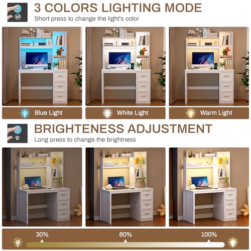 40” Home Office Desk with Hutch and Drawers, White | Modern Computer Desk with Adjustable LED Light and Charging Station, Storage Shelves, Writing Table for Bedroom Study Room - color: White-1