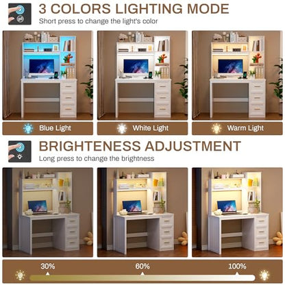 40” Home Office Desk with Hutch and Drawers, White | Modern Computer Desk with Adjustable LED Light and Charging Station, Storage Shelves, Writing Table for Bedroom Study Room - color: White-1