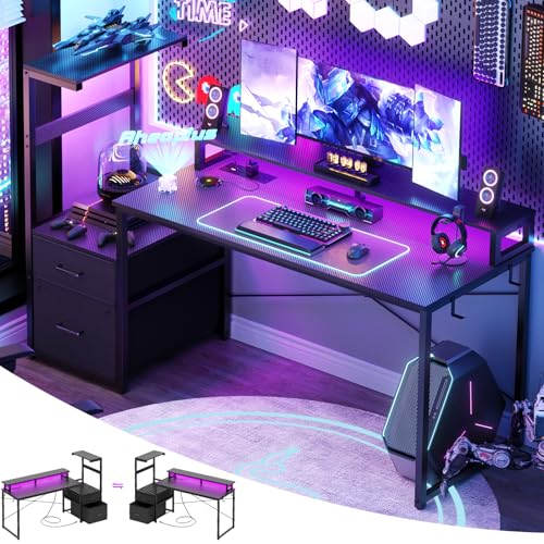 Aheaplus 59" Gaming Desk with RGB LED & Power Outlet &PC Case/Printer Stand - color: Carbon Fiber Black