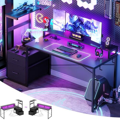 Aheaplus 59" Gaming Desk with RGB LED & Power Outlet &PC Case/Printer Stand - color: Carbon Fiber Black