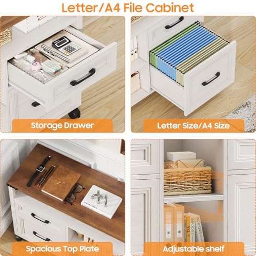 Halitaa Farmhouse Filing Cabinet with Adjustable Shelf & Wheels, Off White - color: Off White, size: 4 Drawers&Wheels