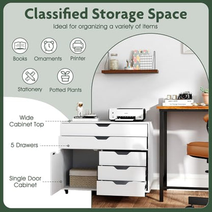 Rolling 5-Drawer File Cabinet, Mobile Printer Stand (White) | Modern Lateral Filing Cabinet | 5 Universal Wheels | For Living Room, Study, Home Office - color: White