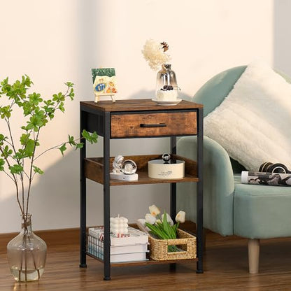 Lerliuo End Table with Fabric Drawer,3 Tier Industrial Wood Side Table with Storage,Modern Tall Printer Stand,Vintage Brown Nightstand,Rustic Bedside Tables for Living Room Bedroom Small Spaces | Fixed-leg three-tier printer stand with fabric drawer and t