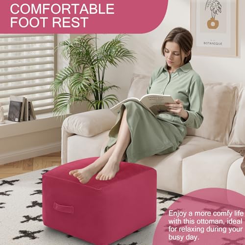 MeMoreCool Square Stuffed Pouf Ottoman Foot Rest, Floor Pouf Foot Stool with Foam Chunk Filling, Soft Stuffed Ottoman Footrest for Living Room - color: Striped Magenta