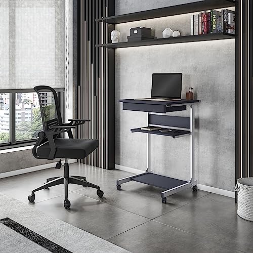 Techni Mobili Rolling Laptop Cart w/ Storage & Printer Shelf,Graphite Black | Rolling laptop cart with storage shelf, printer platform, locking wheels, portable workstation, laptop stand, or mobile desk
