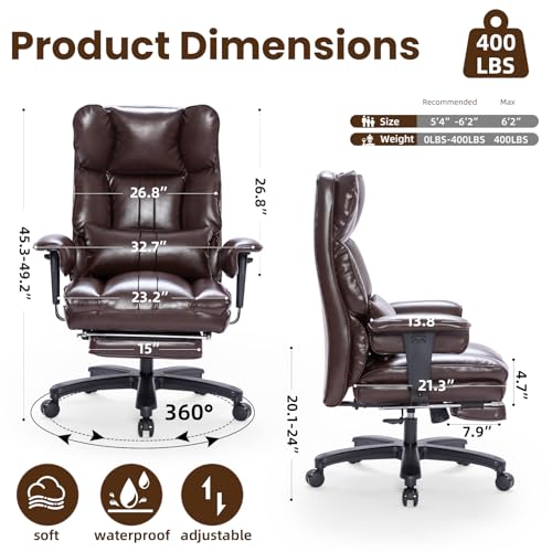 Big and Tall Office Chair with Foot Rest,Heavy Duty Office Chair(Brown) | PU Leather High Back Wide Desk Chair, Comfortable Executive Office Chair, 135° Reclining, Adjustable Padded Armrests - color: Brown