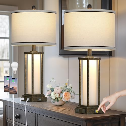 27" Tall Vintage Table Lamp Set of 2 with USB C+A & Outlet,Bronze Industrial End Table Lamp for Living Room,Farmhouse Rustic Bedside Lamps with Frosted Glass Night Light for Bedroom Nightstand,Bronze - color: Bronze-1