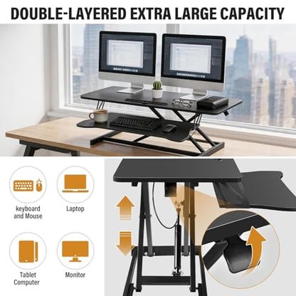 37 Inch Standing Desk Converter, Height Adjustable Desktop Standing Desk, Stand Up Riser Compatibles with 2 Computer, Stand Up Converter Laptop Workstation to 18.8" Tall, Black - color: Black