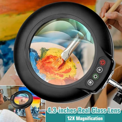 12X Magnifying Glass with Light and Stand, Real Glass Lens (Not Acrylic), 5 Color Modes, Stepless Dimmable, LED 3-in-1 Floor Lamp, Swing Arm with Clamp, Lighted Magnifier Hands Free for Craft, Reading - color: Black