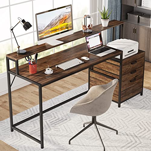 Tribesigns 63 Inch Computer Desk with File Drawer Cabinet, Ergonomic Desk - color: Rustic Brown