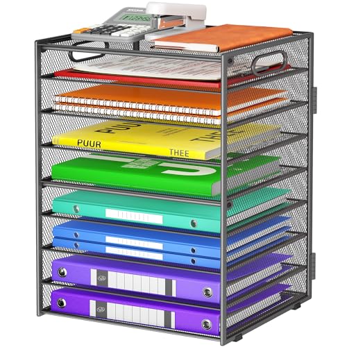 Cawukege 9 Tier Paper Organizer with Handle, Large Capacity Desk Organizer Mesh File Folder Letter Paper Tray Desktop Document Sorter for Classroom, School, and Office Accessories Organization - Grey - color: 1 Pack - Grey