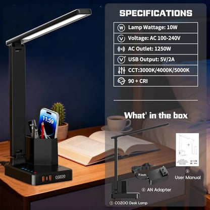 LED Desk Lamps for Dorm Office with USB C Charging Station, 800lm, CRI>90 - color: Black