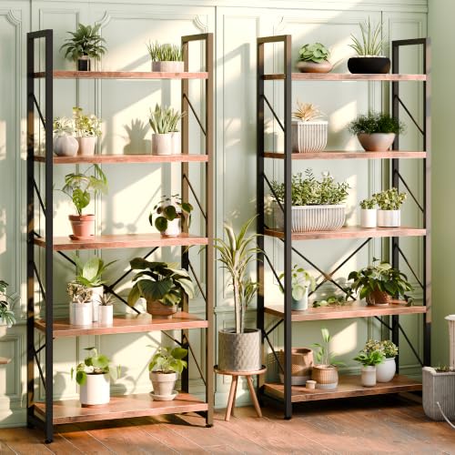 5 Tiers Bookshelf, Classically Tall Bookcase, Industrial Book Rack - color: Brown & Brown