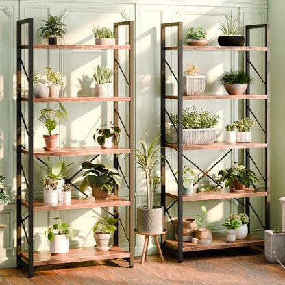 5 Tiers Bookshelf, Classically Tall Bookcase, Industrial Book Rack - color: Brown & Brown