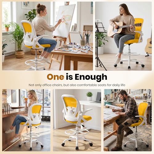 Drafting Chair Tall Office Chair with Flip-up Armrests Executive Ergonomic Computer Standing Desk Chair with Lumbar Support and Adjustable Footrest Ring (Mustard) - color: Mustard, size: 934-Z