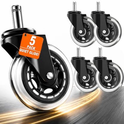 Office Chair Wheels Replacement, 5PC- Universal Fit 3 Inch Casters for Office computer Chairs, Safe for All Floors, Desk wheels for office chair, Smooth & Quiet Glide, Scratch-Resistant, Quick Install