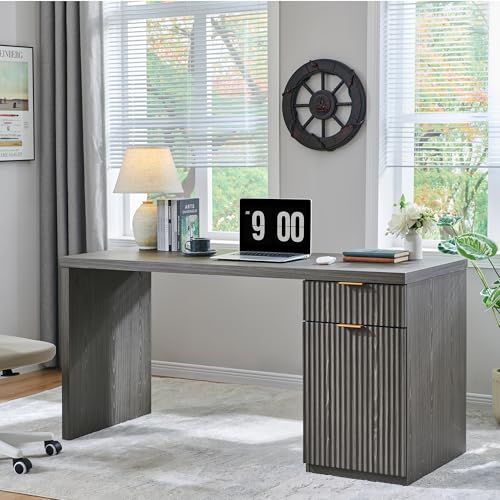 JXQTLINGMU 60" Modern Executive Desk with Storage, Wood Home Office Desk with Drawer & Cabinet, Fluted Computer Writing Desk for Study, Living Room, Bedroom, Grayish Green