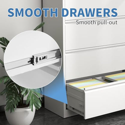 4 Drawer File Cabinet with Lock, Metal Lateral Filing Cabinets - color: White, size: 4 Drawer_ 35"W