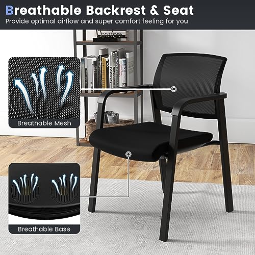 COSTWAY Stackable Office Guest Chairs Set of 2 with Armrests, No Wheels | Conference Room Chairs with Mesh Backrest and Upholstered Seat, Ergonomic Waiting Room Chairs for Office Home Reception Area - size: 2 Pack, style: No Wheels