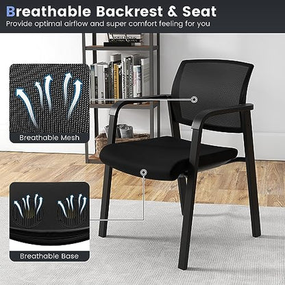 COSTWAY Stackable Office Guest Chairs Set of 2 with Armrests, No Wheels | Conference Room Chairs with Mesh Backrest and Upholstered Seat, Ergonomic Waiting Room Chairs for Office Home Reception Area - size: 2 Pack, style: No Wheels