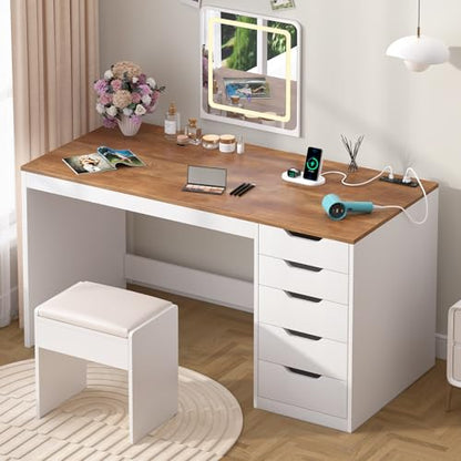 47 Inch Small Computer Desk with 5 Drawers and Outlets for Home Office - color: Brown and White, size: 47inch-5drawers