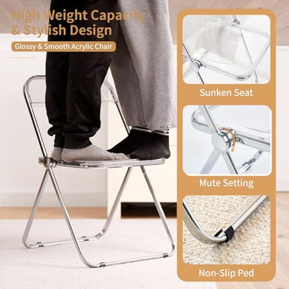 Clear Acrylic Folding Chair, Transparent Plastic Foldable Chairs | Lightweight Ghost Seat with Chrome Frame, Modern Stackable Dining Chair for Vanity, Home, Office, Party, Banquet and Events - color: Clear