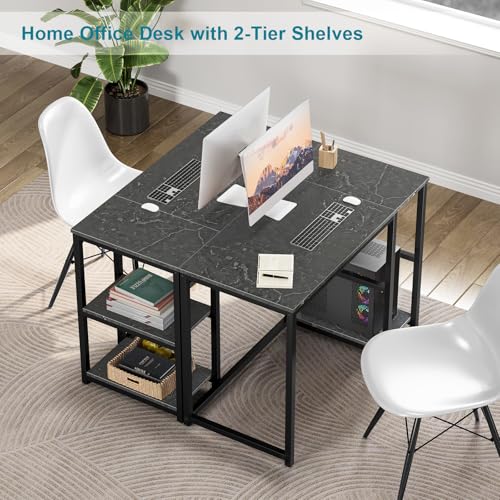SINPAID Computer Desk 40 inches with 2-Tier Shelves Sturdy Home Office Desks with Large Storage Space Modern Gaming Desk Study Writing Laptop Table, Black Marble - color: Black Marble, size: 40 IN