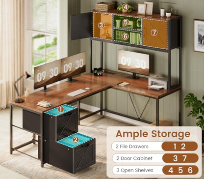 SEDETA Farmhouse Reversible L Shaped Coner Gaming Desk with Drawers, Hutch - color: Black and Brown