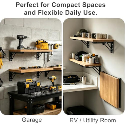 16 Inch Folding Shelf Brackets, Heavy Duty Metal Shelf Bracket Pair, Space Saving Fold Down Bracket for Wall Mounted Table, Garage, Kitchen, Laundry Room, Black, 2 Pack - size: 16 Inch