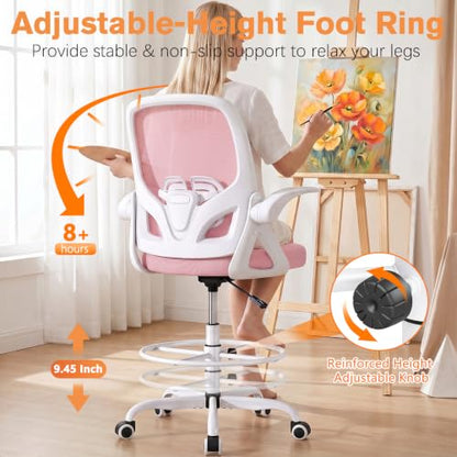 ORRSAKER Drafting Chair, Tall Office Chair with Flip-up Arms, Mesh Ergonomic Computer Standing Desk Chair with Adjustable Height Foot Ring and Lumbar Support, 300 LBS Capacity, Pink - color: Pink