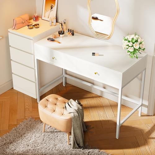 SUPERJARE White Vanity Desk with Drawers, 47 inch Computer Desk - color: White, size: 47 inch