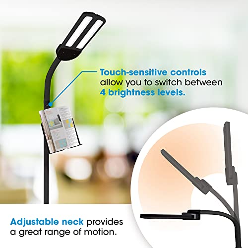 OttLite Dual Shade LED Floor Lamp with Adjustable Stand, Black | Natural Daylight LEDs | Dual Pivoting Shades | 4 Brightness Settings | Tablet and Phone Stand - color: Black