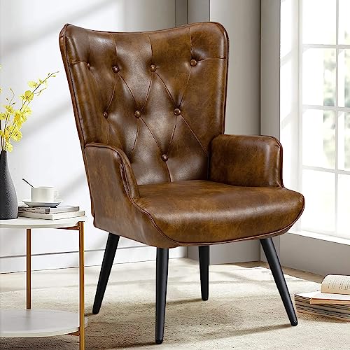 Furniliving PU Leather Accent Chair for Living Room, Upholstered Reading Chair with High Backrest, Tufted-Button Wingback Armchair for Bedroom, Dressing Room, Home Office, Brown - color: Brown, size: Set of 1