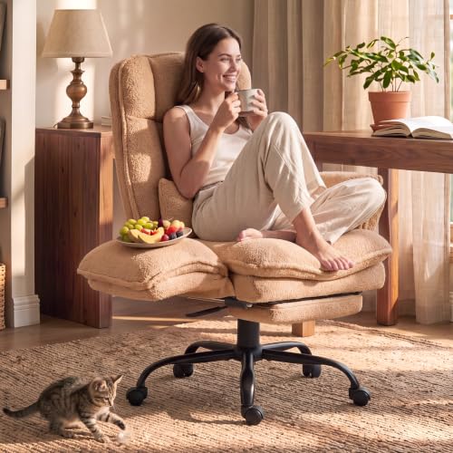 Wider Seat Office Chair with Flip Armrests for Criss Cross Legged&Cats, Big and Tall Executive Ergonomic Reclining Chair with Footrest&Lumbar Pillow, Teddy Fleece Desk Chair,Brown Vanity Chair - color: Brown