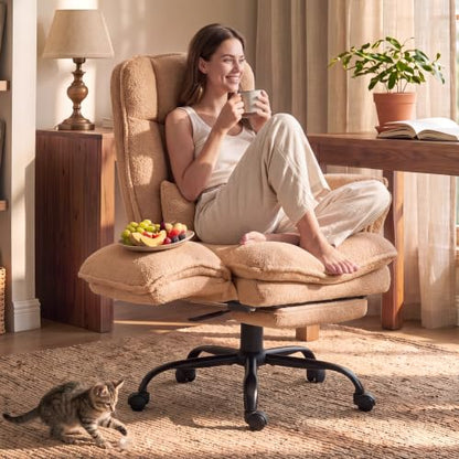 Wider Seat Office Chair with Flip Armrests for Criss Cross Legged&Cats, Big and Tall Executive Ergonomic Reclining Chair with Footrest&Lumbar Pillow, Teddy Fleece Desk Chair,Brown Vanity Chair - color: Brown