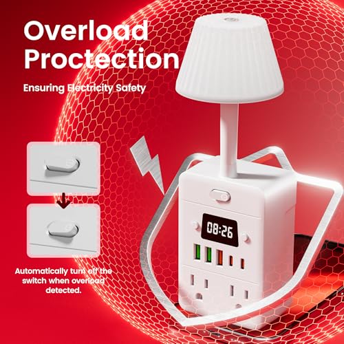 Bedside Power Strip with Lamp & Digital Clock, 4 Outlets 5 USB Ports (2 USBC), 3-Color Temperature Dimmable Bedside Nightstand Light, Multi Plug Outlet Extender for Bedroom Home Office, Coffee Counter - color: White