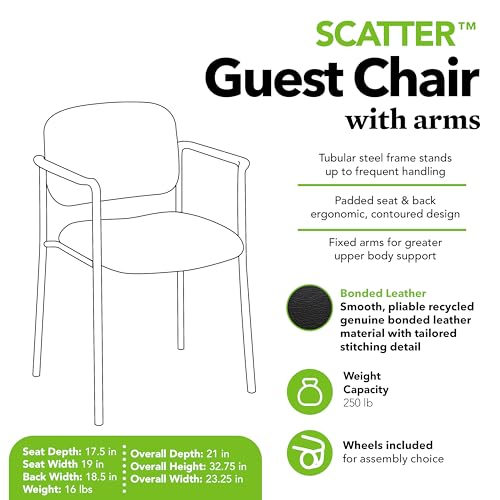 HON Scatter Guest Chair with Arms, Leather Office Chairs, Black | Stackable desk chair no wheels for waiting rooms chairs, conference room chair, banquette seating, and office furniture - color: Black - Leather Back - With Arms